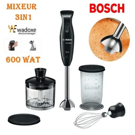Mixeur plongeant noir 3 en 1 puissant, haute qualité et multifonction 600 W - BOSCH