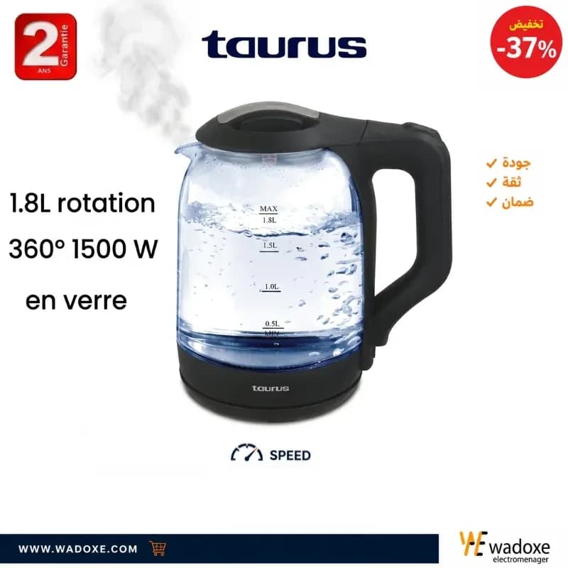 Bouilloire en verre 1,8 L élégante et facile à utiliser - TAURUS