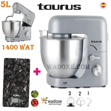 Pétrin gris élégant et raffiné de 5 litres, puissance 1400 W + balance de cuisine digitale - TAURUS