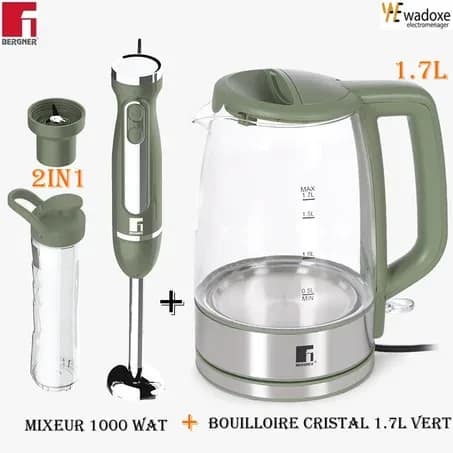 Mixeur plongeant 1000 W avec bol à jus + bouilloire en verre 1,7 L - BERGNER