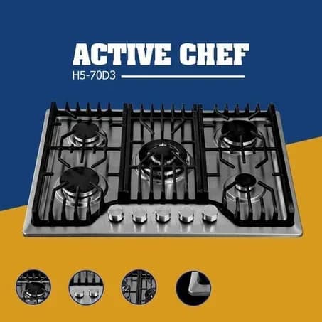 Plaque de gaz 70 cm encastrable inox - 5 brûleurs avec supports en fonte - ACTIVE CHEF
